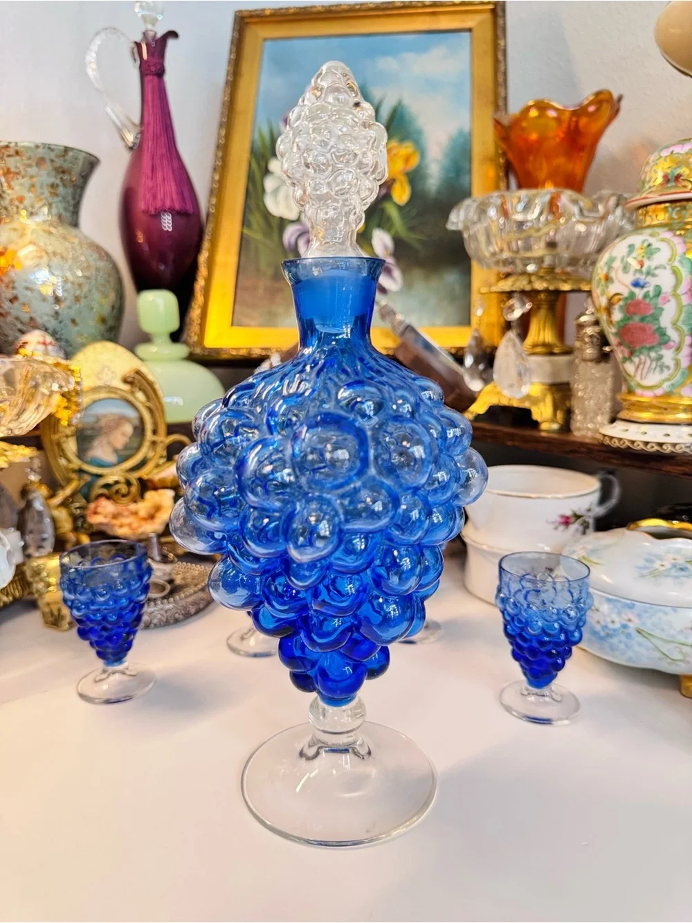 1950s–1960s Empoli Italian Cobalt Blue Grape Cluster Glass Decanter Set